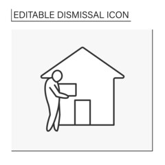 Dismiss line icon. Unhappy worker with a box of personal things goes home. Fired person. Dismissal concept. Isolated vector illustration. Editable stroke