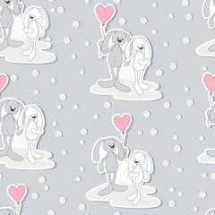 Seamless pattern with funny rabbits and hearts on a gray background. Doodle style.
