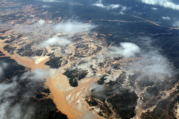 Aerial view of the Rio Huaypetue gold mine the Peruvian Amazon
