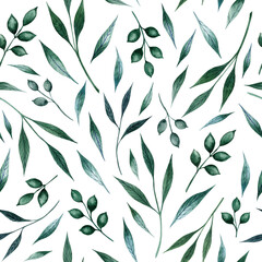 Watercolor seamless pattern with green leaves 