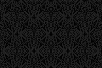Embossed black background, vintage cover design, exotic art deco style. Geometric monochrome 3D pattern, hand drawn style. Ethnic creativity of the peoples of the East, Asia, India, Mexico, Aztecs.