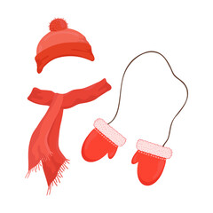 Red winter hat, scarf and mittens. Flat illustration isolated on white background.