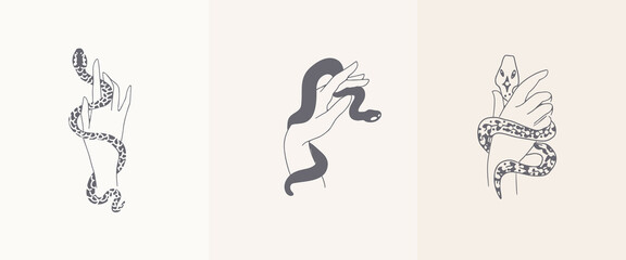 Obraz premium A collection of mystical boho-style templates. Hand-drawn esoteric magic hands with a snake, simple female emblem design.