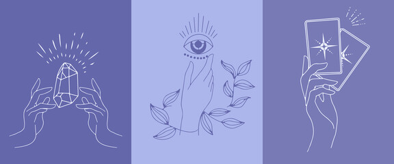 A set in very peri color of female hand emblems in a minimalistic linear style. Hand gestures holding mystical symbols.