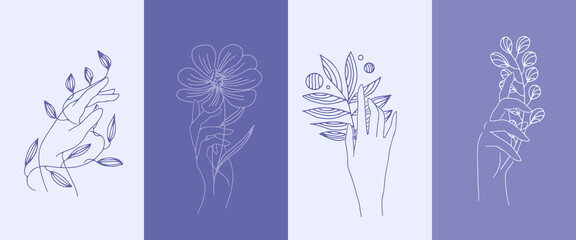 Un ensemble d& 39 emblèmes de main féminine dans un style linéaire minimaliste. Ensemble en couleur très péri. Gestes de mains tenant une branche avec des feuilles. Pour la conception de cosmétiques, studio de beauté