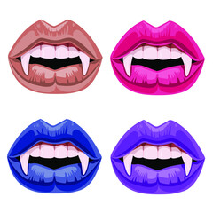 Obraz premium Raster Illustration with vampire mouth open red sexy lips and long teeth isolated on a white background.