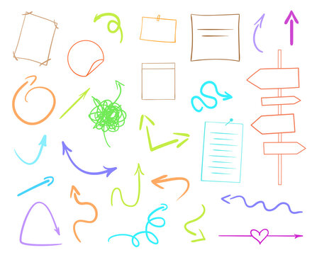 Infographic tables on isolated background. Collection of desks on white. Arrows for design. Hand drawn simple signs