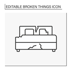 Bed line icon. Destroyed furniture in bedroom. Smashed bed. Vandalism, chaos. Broken things concept. Isolated vector illustration. Editable stroke