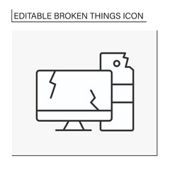 Computer line icon. Destroyed electronic devices. Smashed computer screen. Vandalism, chaos. Broken things concept. Isolated vector illustration. Editable stroke