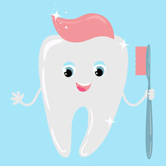 Cute happy smiling tooth with toothbrush and toothpaste hairstyle. Vector illustration of cartoon character in modern flat style.