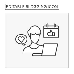 Blog line icon. User sitting near laptop. Regular blog post. Communication.Blogging and broadcasting. Internet community.Blogging concept. Isolated vector illustration. Editable stroke
