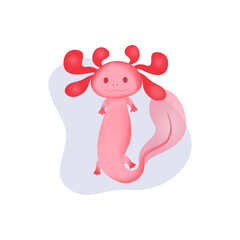 A cute pink axolotl floats in a drop of water and waves its fin. Vector image of a rare amphibian creature.