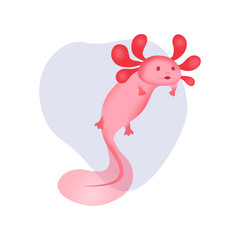 A cute pink axolotl floats in a drop of water and waves its fin. Vector image of a rare amphibian creature.