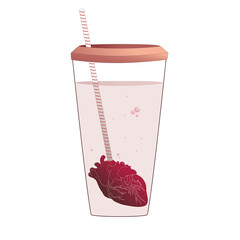 A drink from the heart in a glass that is pierced by a straw. Vector illustration.