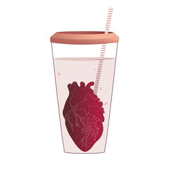 A drink from the heart in a glass that is pierced by a straw. Vector illustration.