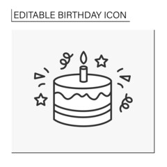 Cake line icon. Tasty birthday sweet cake with three candles.Party. Birthday concept. Isolated vector illustration. Editable stroke