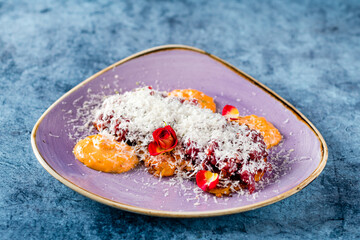 tar tar with beef on a purple background, the trend of the year