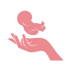 Fetus on mother palm, baby birth and childcare concept, embryo and hand of woman, vector