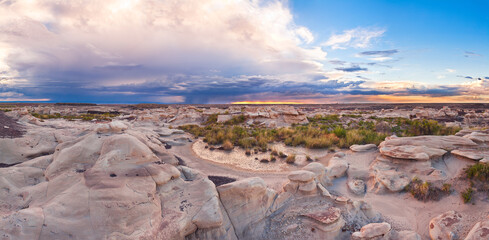 Hoodoo Badlands Rock Formation Sunset with Thunder Storm in New Mexico