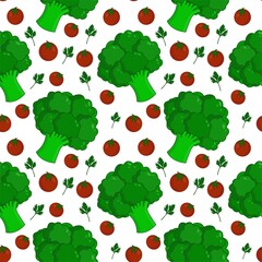 Vector pattern of tomatoes, broccoli, parsley