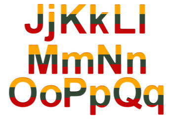 Letters with Lithuanian flag. J, K, L, M, N, O, P uppercase and lowercase letters. 3D rendering