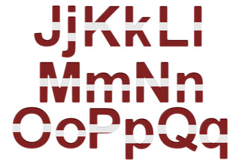 Letters with Latvian flag. J, K, L, M, N, O, P uppercase and lowercase letters. 3D rendering