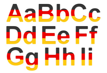 Letters with German flag. A, B, C, D, E, F, G, H, I uppercase and lowercase letters. 3D rendering