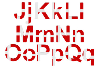 Letters with Danish flag. J, K, L, M, N, O, P uppercase and lowercase letters. 3D rendering