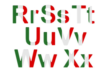 Letters with Italian flag. R, S, T, U, V, W, X uppercase and lowercase letters. 3D rendering