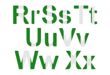 Letters with Nigerian flag. R, S, T, U, V, W, X uppercase and lowercase letters. 3D rendering