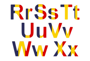 Letters with Romanian flag. R, S, T, U, V, W, X uppercase and lowercase letters. 3D rendering