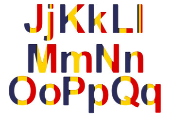 Letters with Romanian flag. J, K, L, M, N, O, P uppercase and lowercase letters. 3D rendering