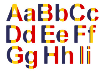 Letters with Romanian flag. A, B, C, D, E, F, G, H, I uppercase and lowercase letters. 3D rendering