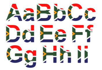 Letters with South African flag. RA, B, C, D, E, F, G, H, I uppercase and lowercase letters. 3D rendering - obrazy, fototapety, plakaty