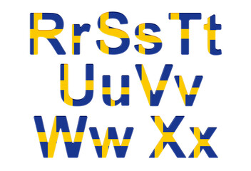 Letters with Swedish flag. R, S, T, U, V, W, X uppercase and lowercase letters. 3D rendering