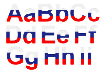 Letters with Russian flag. A, B, C, D, E, F, G, H, I uppercase and lowercase letters. 3D rendering