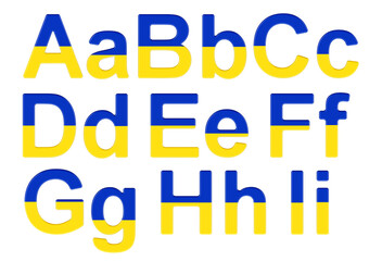 Letters with Ukrainian flag. A, B, C, D, E, F, G, H, I uppercase and lowercase letters. 3D rendering