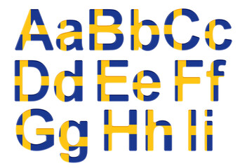 Letters with Swedish flag. A, B, C, D, E, F, G, H, I uppercase and lowercase letters. 3D rendering