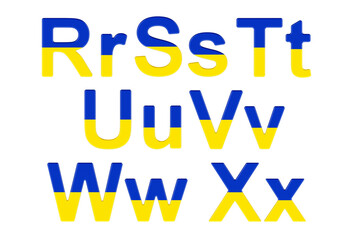Letters with Ukrainian flag. R, S, T, U, V, W, X uppercase and lowercase letters. 3D rendering