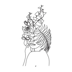 Woman face with butterfly and flowers. Line art female hands with butterflies. One line vector drawing. Portrait minimalistic style. Botanical print. Nature symbol of cosmetics.