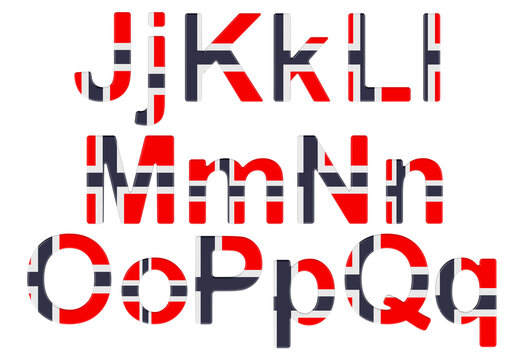 Letters with Norwegian flag. J, K, L, M, N, O, P uppercase and lowercase letters. 3D rendering