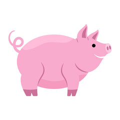 Pig. Pink fat pig on a white background. Cute animal in a flat style. Children's illustration