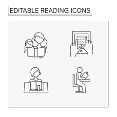 Reading line icons set. Process of acquiring skills and knowledge. Braille e-book. Reading concept. Isolated vector illustrations. Editable stroke