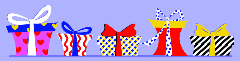 Vector graphics - a set of five multi-colored gift boxes with bows isolated. Concept holiday and congratulations
