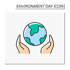 Earth care color icon. Hands protect and love the planet. Eco awareness. Protection from global warming and cataclismos. Environment day concept. Isolated vector illustration