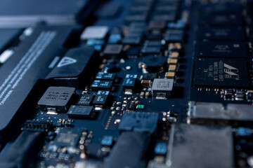 close up of computer circuit board. close up of electronic board background for tech presentation.