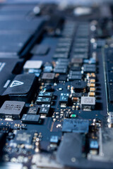 close up of computer circuit board. close up of electronic board background for tech presentation.