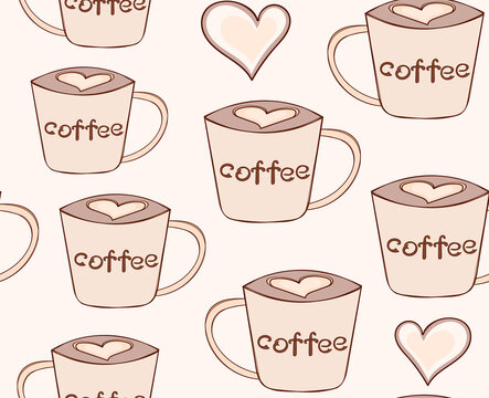 Beverage vector seamless pattern with hot coffee cups, coffee beans and hearts	
