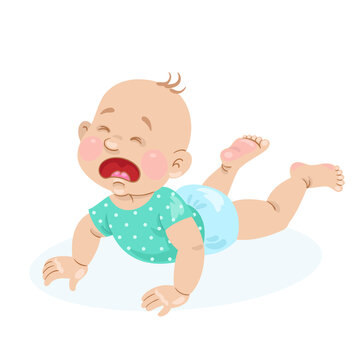 Crying baby lying on a tummy. In cartoon style. Isolated on white background. Vector illustration