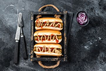 Vegan hot-dog with with assorted toppings and meatless Vegetarian sausage. Black background. Top...
